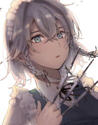 Rule 34 | 1girl, blue eyes, blue vest, bo cota, braid, collared shirt, commentary request, holding, holding knife, holding weapon, izayoi sakuya, knife, looking at viewer, maid headdress, portrait, shirt, short hair, touhou, twin braids, vest, weapon