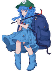 Rule 34 | 1girl, :/, absurdres, backpack, bag, blue dress, blue eyes, blue hair, blush stickers, boots, breasts, closed mouth, commentary request, crowbar, dress, full body, green headwear, hair bobbles, hair ornament, hand up, highres, holding, holding crowbar, kawashiro nitori, long hair, looking at viewer, mugi (mugimugi 9kv), petite, puffy short sleeves, puffy sleeves, short sleeves, sidelocks, simple background, small breasts, solo, touhou, two side up, white background