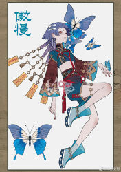 Rule 34 | 1girl, bags under eyes, bell, belt, blue butterfly, blue footwear, blue hair, blue shirt, blue shorts, blunt bangs, boots, bow, braid, brown collar, brown shorts, bug, butterfly, butterfly on hand, chain, chinese clothes, chinese commentary, chinese text, collar, collared shirt, commentary request, creature and personification, cross-laced clothes, cross-laced shorts, dangle earrings, earrings, eyelashes, full body, gold chain, gradient shorts, hair bell, hair bow, hair ornament, high-waist shorts, high collar, humanization, insect, jewelry, kikumon, leg up, long sleeves, looking ahead, midriff, multiple braids, multiple earrings, nail polish, ofuda, original, parted lips, pointing, pointing down, red eyes, red nails, sanfen wangxiang, see-through, see-through footwear, shibari, shibari over clothes, shirt, shorts, simple background, solo, tassel, tassel earrings, thigh belt, thigh strap, watermark, weibo logo, weibo watermark, white background, white bow, wide sleeves