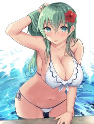 Rule 34 | 1girl, aqua hair, bikini, blue eyes, blush, breasts, cleavage, covered erect nipples, flower, gin&#039;ichi (akacia), hair between eyes, hair flower, hair ornament, hand in own hair, hibiscus, kantai collection, large breasts, long hair, looking at viewer, nail polish, red flower, side-tie bikini bottom, simple background, solo, sparkle, string bikini, suzuya (kancolle), swimsuit, tongue, tongue out, water, wet, white background, white bikini