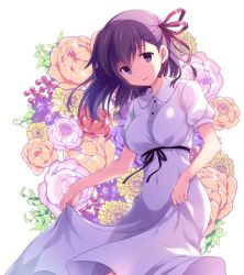 Rule 34 | 1girl, black ribbon, collared dress, commentary request, covered navel, cowboy shot, dress, fate/stay night, fate (series), floral background, flower, flower request, hair ribbon, leaning forward, light smile, looking at viewer, matou sakura, odawara hakone, official alternate costume, parted lips, puffy short sleeves, puffy sleeves, purple eyes, purple hair, purple ribbon, ribbon, short sleeves, skirt hold, solo, standing, white dress
