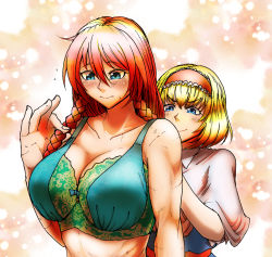 Rule 34 | alice margatroid, blonde hair, blue eyes, blush, bra, braid, breasts, commentary, commentary request, hairband, hong meiling, koyubi (littlefinger1988), large breasts, long hair, muscular, muscular female, red hair, scar, scarf, short hair, simple background, sweat, sweatdrop, touhou, translation request, twin braids, underwear