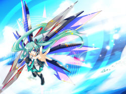 Rule 34 | aqua hair, blue eyes, detached sleeves, haru aki, hatsune miku, long hair, mechanical wings, musical note, necktie, outstretched arm, outstretched hand, polearm, reaching, skirt, sky, solo, spear, thighhighs, twintails, very long hair, vocaloid, wallpaper, weapon, wings