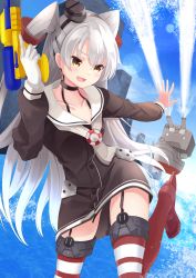 Rule 34 | 1girl, :d, absurdres, amatsukaze (kancolle), black choker, black hairband, blue sky, blurry, blurry background, blush, brown dress, brown eyes, building, choker, cloud, collarbone, commentary request, date (mamanonamaebot), day, depth of field, dress, fang, gloves, grey hair, grey neckwear, hair between eyes, hair tubes, hairband, highres, holding, kantai collection, lifebuoy, long hair, long sleeves, open mouth, outdoors, outstretched arm, red footwear, red thighhighs, rensouhou-kun, rudder footwear, sailor collar, sailor dress, shoes, short dress, sidelocks, single glove, sky, smile, smokestack, standing, standing on one leg, striped clothes, striped thighhighs, swim ring, thighhighs, tilted headwear, two side up, very long hair, water, water gun, white gloves, white sailor collar