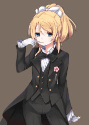 Rule 34 | 10s, 1girl, ayase eli, bad id, bad pixiv id, biting, blonde hair, blue eyes, boutonniere, bow, bowtie, butler, female butler, flower, formal, glove biting, gloves, highres, love live!, love live! school idol project, love wing bell, nyoijizai, ponytail, solo, suit, tuxedo, waistcoat