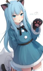 Rule 34 | 1girl, :o, amashiro natsuki, animal ears, animal hands, antlers, black bow, black gloves, blue dress, blue eyes, blue hair, blush, bow, cat ears, cat girl, cat tail, commentary, dress, eyebrows hidden by hair, fur-trimmed dress, fur-trimmed sleeves, fur trim, gloves, hair between eyes, hand up, highres, horns, long hair, long sleeves, looking at viewer, nekoha shizuku, nyan, original, parted lips, paw gloves, reindeer antlers, romaji text, sack, simple background, solo, symbol-only commentary, tail, very long hair, white background, wide sleeves