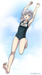 Rule 34 | 1boy, androgynous, armpits, arms up, blue eyes, bulge, collarbone, crossdressing, ernesti echevalier, feet, happy, knees, knight&#039;s and magic, legs, long legs, male focus, name tag, one-piece swimsuit, school swimsuit, short hair, smile, soles, solo, swimsuit, thighs, toes, torajimaneko, trap, white hair