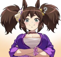Rule 34 | 1girl, ?, animal ears, arms under breasts, blush, breasts, brown hair, chest sarashi, cleavage, closed mouth, crossed arms, fang, fang out, fox mask, green eyes, horse ears, inari one (umamusume), japanese clothes, jewelry, kimono, large breasts, looking at viewer, mask, mask on head, necklace, purple kimono, sarashi, scrunchie, short hair, sleeves rolled up, smile, solo, split mouth, twintails, umamusume, upper body, wakoudo, wrist scrunchie