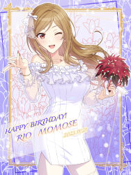 Rule 34 | 1girl, 2023, absurdres, blush, border, bouquet, bow, bracelet, breasts, brown hair, character name, collarbone, dress, earrings, flower, frilled dress, frills, hair ornament, happy birthday, highres, holding, holding bouquet, idolmaster, idolmaster million live!, idolmaster million live! theater days, jewelry, large breasts, long hair, long sleeves, looking at viewer, applying manicure, momose rio, nail polish, necklace, off-shoulder dress, off shoulder, one eye closed, open mouth, ornate border, parted bangs, pendant, red eyes, red nails, ribbon, see-through, see-through sleeves, shiro (ongrokm), smile, solo, teeth, upper teeth only, white dress