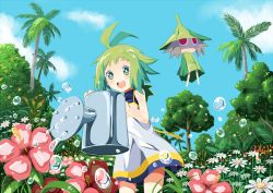 Rule 34 | 1girl, :d, ahoge, airana, antenna hair, blue sky, cloud, creature, daisy, day, dress, floating, flower, green eyes, green hair, hibiscus, marona (phantom brave), open mouth, outdoors, palm tree, phantom brave, ponytail, putty (phantom brave), red eyes, short dress, short hair, skirt, sky, sleeveless, sleeveless dress, smile, tree, water, water drop, watering can