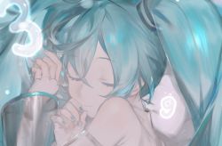 Rule 34 | 1girl, 39, armpit crease, bare shoulders, blouse, blue hair, blue nails, blurry, bokeh, close-up, closed eyes, closed mouth, depth of field, detached sleeves, eyelashes, facing viewer, fingernails, grey background, grey shirt, hair between eyes, hatsune miku, hatsune miku (nt), light smile, long hair, lying, muted color, nail polish, on side, see-through, see-through silhouette, see-through sleeves, shirt, simple background, sleeping, sleeveless, sleeveless shirt, sleeves past wrists, solo, twintails, upper body, vocaloid, yyb