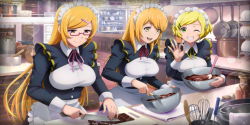 Rule 34 | 3girls, apron, blonde hair, chocolate, chocolate making, cixous (overlord), foire, glasses, green eyes, highres, lumiere (overlord), maid, maid apron, maid headdress, multiple girls, official art, overlord (maruyama), smile, tagme, yellow eyes