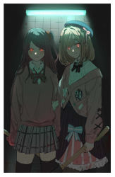 Rule 34 | 2girls, :3, akabane youko, alternate eye color, asymmetrical bangs, beret, black headwear, black legwear, black skirt, blood, blood on clothes, bow, bowtie, breasts, brown hair, closed mouth, collared shirt, cowboy shot, fang, glowing, glowing eyes, grey skirt, hair bow, hair ornament, hat, highres, holding, holding weapon, isshiki (ffmania7), light, locked arms, long hair, looking at viewer, medium breasts, medium hair, miniskirt, multiple girls, nijisanji, one side up, parted bangs, pink sweater, plaid, plaid skirt, red eyes, red neckwear, scrunchie, shirt, side-by-side, skirt, smile, striped clothes, striped skirt, suzuhara lulu, sweater, thighhighs, tile wall, tiles, vertical-striped clothes, vertical-striped skirt, virtual youtuber, weapon, white shirt, wing collar, x hair ornament, zettai ryouiki