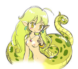 Rule 34 | 1girl, blonde hair, blush, earrings, jewelry, lamia, long hair, monster girl, nipples, nude, pukao, slit pupils, smile, solo, yellow eyes