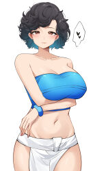 Rule 34 | 1girl, absurdres, bare arms, bare shoulders, black hair, breasts, character request, cleavage, commission, copyright request, cowboy shot, fundoshi, heart, highres, japanese clothes, large breasts, looking at viewer, midriff, navel, pinepin, purple eyes, short hair, simple background, smile, solo, standing, stomach, strapless, tube top, white background