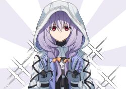 Rule 34 | 1girl, atsuko (blue archive), black gloves, blue archive, bow, braid, bulletproof vest, commentary, double v, expressionless, gloves, hair between eyes, hair bow, hair ribbon, highres, hood, hooded coat, long hair, long sleeves, looking at viewer, low twintails, okaarii, purple hair, red eyes, ribbon, sidelocks, simple background, solo, symbol-only commentary, twin braids, twintails, two-tone gloves, v, white hood