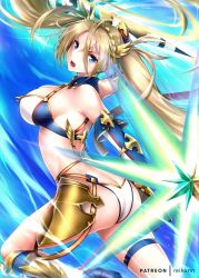 Rule 34 | 1girl, armor, ass, bare shoulders, bikini, bikini bottom only, blonde hair, blue eyes, blue gloves, blush, boots, bradamante (fate), bradamante (third ascension) (fate), braid, breasts, butt crack, elbow gloves, fate/grand order, fate (series), faulds, french braid, gloves, hair ornament, halo, hip focus, knee boots, large breasts, long hair, looking at viewer, open mouth, polearm, rei kun, solo, swimsuit, thigh strap, thighs, twintails, weapon, white bikini