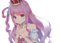 Rule 34 | 1girl, bare shoulders, bracelet, candy hair ornament, closed mouth, crescent, crescent necklace, crown, detached collar, detached sleeves, dress, food-themed hair ornament, gradient hair, green eyes, hair ornament, hair rings, heterochromia, highres, himemori luna, himemori luna (1st costume), hololive, interlocked fingers, jewelry, light blush, long hair, looking at viewer, multicolored hair, necklace, nyasunyadoora, off-shoulder dress, off shoulder, one side up, own hands clasped, own hands together, pink dress, pink eyes, pink hair, princess, purple hair, short sleeves, simple background, smile, solo, swept bangs, virtual youtuber, wavy hair, white background
