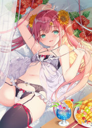 Rule 34 | 1girl, aqua eyes, arm up, armpits, babydoll, bare arms, bare shoulders, black bra, black panties, black thighhighs, bra, breasts, collarbone, criss-cross halter, cup, drinking glass, flower, frilled panties, frills, garter belt, hair flower, hair ornament, hairclip, halterneck, hand up, hibiscus, highres, lingerie, long hair, looking at viewer, lying, miwabe sakura, navel, on back, open mouth, original, panties, panties over garter belt, pink hair, plate, see-through, small breasts, smile, solo, spaghetti strap, stomach, strap pull, sunflower, thighhighs, thighs, tropical drink, twintails, underwear, underwear only