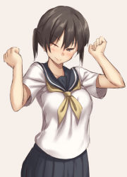 Rule 34 | 1girl, arms up, black hair, blush, brown eyes, clenched hands, mikazuchi zeus, one eye closed, original, school uniform, serafuku, short hair, short ponytail, simple background, skirt, smile, solo
