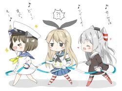 Rule 34 | &gt; &lt;, 10s, 3girls, ^ ^, amatsukaze (kancolle), blonde hair, blue skirt, brown hair, closed eyes, closed mouth, detached sleeves, dress, fang, hairband, heart, kantai collection, long hair, long sleeves, miniskirt, multicolored clothes, multicolored legwear, multiple girls, neckerchief, open mouth, pleated skirt, sailor dress, school uniform, serafuku, shimakaze (kancolle), short hair, silver hair, simple background, skirt, striped clothes, striped legwear, striped thighhighs, thighhighs, translation request, tsuchihara ai, two side up, white background, yukikaze (kancolle)