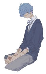 Rule 34 | 1boy, bandaid, bandaid on face, bandaid on hand, bandaid on neck, bandaid on nose, blue hair, closed mouth, grey eyes, highres, light oooo, male focus, original, own hands together, simple background, sitting, solo, white background