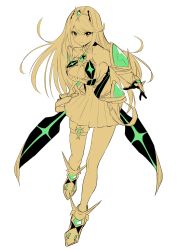 Rule 34 | 1girl, absurdres, bare shoulders, breasts, cleavage, closed mouth, covered collarbone, dress, full body, gem, gloves, green322, hair between eyes, highres, large breasts, legs apart, long hair, looking at viewer, mythra (xenoblade), nintendo, orange eyes, pleated dress, simple background, smile, solo, spot color, straight hair, thigh strap, tiara, v-shaped eyebrows, white background, xenoblade chronicles (series), xenoblade chronicles 2