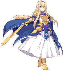 Rule 34 | 1girl, alice zuberg, armor, blonde hair, blue eyes, commentary request, dress, floating hair, full body, gold armor, hair between eyes, hair intakes, hair ribbon, hairband, holding, long hair, looking at viewer, ribbon, shiseki hirame, simple background, solo, split mouth, standing, sword, sword art online, sword art online: alicization, very long hair, weapon, white background, white hairband, white ribbon