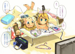 Rule 34 | 1boy, 1girl, bad id, bad pixiv id, barefoot, blonde hair, blue eyes, brother and sister, clock, clothes hanger, detached sleeves, hair ornament, hairclip, headset, kagamine len, kagamine rin, lying, short hair, siblings, sopra, translation request, twins, vocaloid