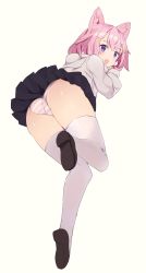 Rule 34 | 1girl, :o, animal ears, ass, blush, cat ears, fang, full body, hair ornament, hairclip, hajime (hajime-ill-1st), highres, hood, hoodie, leg up, looking at viewer, looking back, open mouth, original, panties, pantyshot, pink hair, purple eyes, skirt, solo, striped clothes, striped panties, thighhighs, underwear, upskirt, white panties, white thighhighs, wind, wind lift