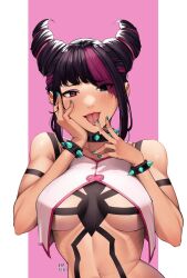 Rule 34 | 1girl, blush, bracelet, breasts, capcom, collar, drill hair, female focus, han juri, heterochromia, jewelry, looking at viewer, luxpineapple, medium breasts, medium hair, multicolored hair, nail polish, navel, saliva, saliva trail, solo, spiked bracelet, spiked collar, spikes, street fighter, street fighter 6, tongue, tongue out, twin drills, two-tone hair