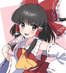 Rule 34 | 1girl, ascot, black eyes, black hair, blush, bow, chest sarashi, collared vest, commentary request, detached sleeves, frilled bow, frilled hair tubes, frills, hair bow, hair tubes, hakurei reimu, highres, holding, long sleeves, medium hair, miz (mizillustration), ofuda, open mouth, red bow, red skirt, red vest, ribbon-trimmed sleeves, ribbon trim, sarashi, sidelocks, skirt, solo, touhou, upper body, vest, white background, wide sleeves, yellow ascot