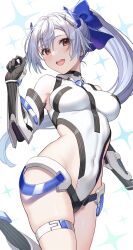 Rule 34 | 1girl, :d, alternate costume, armor, breasts, covered navel, fate/grand order, fate (series), gloves, grey hair, halter leotard, halterneck, headgear, highres, hip armor, leg armor, leg up, leotard, long hair, looking at viewer, medium breasts, naruse (0819), one-piece swimsuit, open mouth, ponytail, red eyes, smile, solo, swimsuit, thigh strap, tomoe gozen (fate), tomoe gozen (swimsuit saber) (fate), white armor