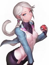Rule 34 | 10s, 1girl, androgynous, blanche (pokemon), blue eyes, breasts, covered erect nipples, creatures (company), fingerless gloves, fumio (rsqkr), game freak, gloves, gym leader, jacket, long hair, looking at viewer, nintendo, poke ball, poke ball (basic), pokemon, pokemon go, ponytail, silver hair, simple background, small breasts, solo, thighs, white background