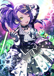 Rule 34 | 1girl, blush, broken glass, collar, fingerless gloves, glass, gloves, happy, heart, index finger raised, long hair, looking at viewer, microphone, one eye closed, open mouth, pretty series, pripara, purple hair, side ponytail, skirt, solo, toudou shion, yanyo (ogino atsuki), yellow eyes