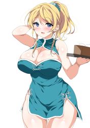 Rule 34 | 1girl, :d, absurdres, ayase eli, baozi, bare arms, blonde hair, blue dress, blue eyes, blush, breasts, china dress, chinese clothes, cleavage, cleavage cutout, clothing cutout, cowboy shot, curvy, dress, food, hair ornament, hair scrunchie, hand in own hair, highres, holding, holding food, holding tray, large breasts, love live!, love live! school idol project, ninoko, open mouth, ponytail, scrunchie, shiny skin, side slit, simple background, smile, solo, standing, thigh gap, thighs, tray, white background, wide hips