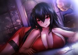 Rule 34 | 1girl, absurdres, ahoge, alcohol, azur lane, bare shoulders, black hair, breasts, broken glass, cleavage, collarbone, cup, dress, drinking glass, glass, hair ornament, highres, huge breasts, licking lips, long hair, looking at viewer, naughty face, phonograph, red dress, red eyes, taihou (azur lane), taihou (forbidden feast) (azur lane), thighhighs, tongue, tongue out, veggiebit, very long hair, wine, wine glass