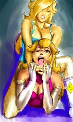 Rule 34 | 2girls, adapted costume, bare shoulders, blonde hair, blue eyes, breasts, camel clutch, cleavage, elbow gloves, female focus, gloves, hair over one eye, large breasts, leotard, lipstick, makeup, mario (series), miss teaspoon, multiple girls, nintendo, open mouth, pain, princess peach, rosalina, ryona, strangling, submission hold, super mario galaxy, teeth, wrestling, wrestling outfit