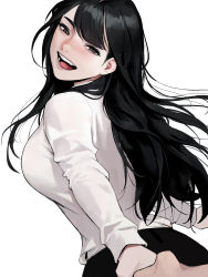 Rule 34 | 1girl, 1other, :d, absurdres, black eyes, black hair, black legwear, blush, breasts, dongho kang, fang, from side, half-closed eyes, hand grab, highres, large breasts, long hair, long sleeves, looking at viewer, looking back, open mouth, original, pants, shirt, simple background, skirt, smile, solo focus, teeth, tongue, wavy hair, white background, white shirt