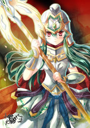 Rule 34 | 1girl, armor, athena (p&amp;d), blush, breastplate, dress, expressionless, green hair, helmet, holding, holding weapon, long hair, looking at viewer, lunacats, nokomakawa, petals, polearm, puzzle &amp; dragons, red eyes, short sleeves, signature, solo, spear, vambraces, weapon, white dress