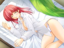 Rule 34 | 1girl, as you like, bed, breasts, cleavage, game cg, imai kana (as you like), no pants, open clothes, open shirt, red hair, shirt, sleeping, solo