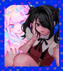 Rule 34 | 2girls, ame-chan (needy girl overdose), black eyes, black hair, black ribbon, blonde hair, blue bow, blue eyes, blue hair, blue nails, bow, chouzetsusaikawa tenshi-chan, collar, collared shirt, commentary request, crying, crying with eyes open, dual persona, hair bow, hair ornament, hair over one eye, hair tie, hand on another&#039;s knee, hand on own face, koppio, long hair, looking at another, looking at viewer, multicolored hair, multicolored nails, multiple girls, nail polish, neck ribbon, needy girl overdose, open mouth, pink bow, pink hair, pink nails, red nails, red shirt, ribbon, scar, scar on arm, shirt, shirt tucked in, skirt, smile, suspender skirt, suspenders, tears, twintails, white collar, x hair ornament, yellow nails
