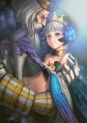 Rule 34 | 1boy, 1girl, armor, armored dress, blue eyes, blush, boots, choker, crown, dress, elbow gloves, father and daughter, gloves, gwendolyn (odin sphere), hat, highres, multicolored wings, odin, odin (odin sphere), odin sphere, panties, size difference, strapless, strapless dress, thigh boots, thighhighs, underwear, white hair, wings, youkai ankake