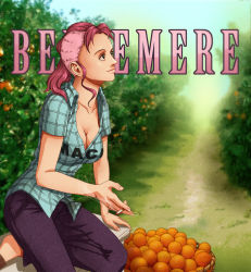 Rule 34 | 1girl, bellemere, breasts, character name, cigarette, cleavage, corey miller, food, fruit, highres, leaf, one piece, orange (fruit), pink hair, sitting, solo, tree