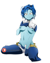 Rule 34 | 1girl, bubble girl (boku no hero academia), blue skin, boku no hero academia, breasts, bubble girl (boku no hero academia), clothes, colored skin, felipe godoy, female focus, gloves, looking at viewer, navel, nipples, pants, shorts, simple background, smile, solo, white background