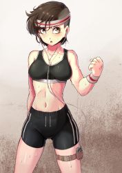 Rule 34 | 1girl, arm at side, arm up, black hair, black sports bra, breasts, clenched hand, dripping, earbuds, earphones, eyelashes, gym, gym uniform, highres, looking away, looking up, medium breasts, messy hair, navel, nico-mo, open mouth, original, phone, short hair, shorts, sports bra, stomach, sweat, sweatband, swept bangs, thighs, tomboy, undercut, wet, wet hair, wrist cuffs, yellow eyes