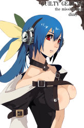 Rule 34 | 1girl, arc system works, bare shoulders, blue hair, bow, breasts, choker, dizzy (guilty gear), female focus, guilty gear, hair bow, headphones, mitu, navel, red eyes, solo, underboob, white background