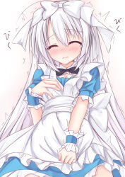 Rule 34 | 1girl, 3:, ahoge, alice (alice in wonderland), alice (alice in wonderland) (cosplay), alice in wonderland, alternate costume, apron, apron grab, aroused, ayachi nene, back bow, blue dress, blue wrist cuffs, blush, bow, breasts, cleavage, clenched hand, closed eyes, closed mouth, commentary request, cosplay, cowboy shot, dress, eyelashes, facing viewer, frilled apron, frilled cuffs, frills, furrowed brow, grabbing own breast, hair between eyes, hair bow, hair ribbon, hand up, highres, igarashi kenji, implied masturbation, long hair, nose blush, partial commentary, ribbon, sanoba witch, short sleeves, small breasts, solo, sound effects, standing, straight hair, sweat, tears, twitching, very long hair, waist apron, white bow, white hair, white ribbon, wrist cuffs