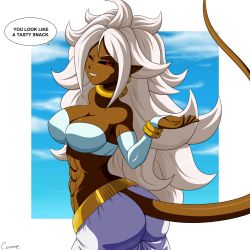 Rule 34 | 1girl, abs, alternate skin color, android 21, arm warmers, ass, bandeau, bare shoulders, black sclera, breasts, canime, cleavage, colored sclera, dark skin, dark-skinned female, dragon ball, dragon ball fighterz, english text, female focus, half-closed eyes, harem pants, jewelry, large breasts, majin android 21, navel, pants, pointy ears, smile, solo, speech bubble, tail, text focus, toned, white hair