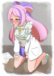 1girl between_legs blush bow-shaped_hair breasts coat collarbone creatures_(company) embarrassed female_focus full_body game_freak green_eyes green_footwear grey_background half-closed_eyes hand_between_legs hand_on_own_thigh have_to_pee kneeling lab_coat long_hair long_sleeves looking_afar medium_breasts miniskirt miriam_(pokemon) mizuumi_(expanse_lake) multicolored_hair nail_polish nintendo nose_blush open_clothes open_coat open_mouth paper pee peeing peeing_self pink_hair pocket pokemon pokemon_sv puddle purple_hair purple_skirt raised_eyebrows sandals sidelocks skirt solo stethoscope stethoscope_around_neck sweat sweater tears toenail_polish toenails two-tone_hair wet wet_clothes wet_skirt white_coat white_sweater yellow_nails